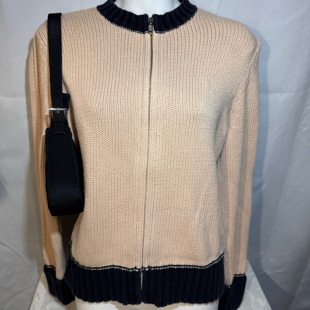 Natural Instincts Cotton Full Zip Cardigan Cream Black Size Small Preppy - Picture 7 of 10